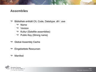 Assemblies Bibliothek enthält CIL Code, Dateitype .dll / .exe Name Version Kultur (Satellite assemblies) Public Key (Strong name) Global Assembly Cache Eingebettete Resourcen Manifest 