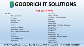 2nd & 3rd Floor, Maruthi Complex, Opp. R.S. Brothers, KPHB, Hyderabad, Ph : 040-65889933, 9885811057
.NET WITH MVC
C#.NET
• .Net Architecture
• C# basics
• Object & Types
• Inheritance
• Arrays
• Operators and Casts
• Delegates & Events
• String & Regular Expressions
• Generics
• Collections
• Errors & Exceptions
• Deployment
• Assemblies
• Tracing & Events
• Threading & Synchronization
• Security
• Localization
• Transactions
• Manipulating the Files & the Registry
• Windows Forms
• Data Binding
• Data Access
• LINQ to SQL
• Manipulating XML
• Programming with SQL-Server
• Intro to WCF
• Intro to WWF
• Crystal Reports
 