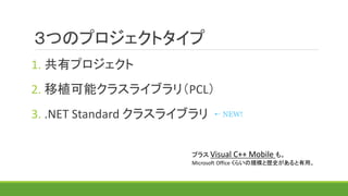 ３つのプロジェクトタイプ
1. 共有プロジェクト
2. 移植可能クラスライブラリ（PCL）
3. .NET Standard クラスライブラリ
プラス Visual C++ Mobile も。
Microsoft Office くらいの規模と歴史があると有用。
NEW!
 