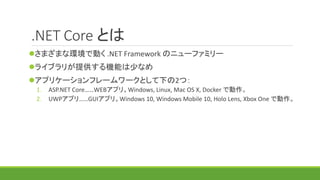 .NET Core とは
さまざまな環境で動く .NET Framework のニューファミリー
ライブラリが提供する機能は少なめ
アプリケーションフレームワークとして下の2つ：
1. ASP.NET Core……WEBアプリ。Windows, Linux, Mac OS X, Docker で動作。
2. UWPアプリ……GUIアプリ。Windows 10, Windows Mobile 10, Holo Lens, Xbox One で動作。
 