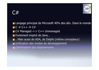 C#
Langage principal de Microsoft 40% des dév. Dans le monde
C    C++      C#
C# Managed <-> C++ Unmanaged
Fortement inspiré de Java…
…Mais aussi de ADA, de Delphi (même concepteur)
Unification des modes de développement
Optimisation des déploiements
 
