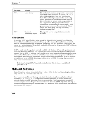 Chapter 7
258
Hex Value Message Description
0x17 Leave Group The last host of a multicast group inside a subnet must
send a leave group message to all routers (224.0.0.2)
when it leaves a group. A host may remember the
hosts of the multicast group (received in membership
reports in response to membership queries) so that it
knows when it is the last one in the group, but this is
not a requirement. If the group members are not
remembered, every host leaving a group sends a leave
group message. In any case the router checks if it was
the last host in the group, and stops forwarding
multicast messages if so.
0x12 Version 1
Membership Report
This report is used for compatibility reasons with
IGMP v1.
IGMP Versions
Version 2 of IGMP added the leave group message so that a client can explicitly leave the group.
Version 1 had to wait for a timeout that could take up to five minutes. During this time, unwanted
multicast transmissions are sent to the network, and for large data such as audio or video streams, this
can use up a substantial part of the available bandwidth. When leaving the group with IGMP v2, latency
is reduced to just a few seconds.
IGMP v3 is still in draft stage, but it is already available with Windows XP and adds specific joins and
leaves with the source address(es). This capability makes the Source-Specific Multicast (SSM) protocol
possible. With an IGMP v2 multicast, every member of the group can send multicast messages to every
other member. SSM makes it possible to restrict the sender (source) of the group to a specific host or
multiple hosts, which is a great advantage in the one-to-many application scenario. IGMP v3 messages
have a different layout to IGMP v2 messages, and the size of an IGMP v3 message depends on how
many source addresses are used.
At the time of writing, IGMP v3 is available as a draft version. With its release, a new RFC will
update RFC 2236.
Multicast Addresses
A class D multicast address starts with the binary values 1110 in the first four bits, making the address
range from 224.0.0.0 to 239.255.255.255.
However, not every address of this range is available for multicasting; for example, the multicast
addresses 224.0.0.0–224.0.0.255 are special purpose, and routers do not pass them across
networks. Unlike normal IP addresses, where every country has a local representation to assign IP
addresses, only the Internet Assigned Names and Numbers Authority (IANA, http://www.iana.org) is
responsible for assigning multicast addresses. RFC 3171 defines the use of specific ranges of IP multicast
addresses and their purposes.
 