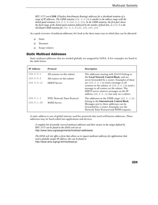Multicast Sockets
259
RFC 3171 uses CIDR (Classless InterDomain Routing) addresses for a shorthand notation of a
range of IP addresses. The CIDR notation 224.0.0/24 is similar to the address range with the
dotted quad-notation 224.0.0.0–224.0.0.255. In the CIDR notation, the first part shows
the fixed range of the dotted quad-notation followed by the number of fixed bits, so 232/8 is the
shorthand CIDR notation for 232.0.0.0–232.255.255.255.
As a quick overview of multicast addresses, let's look at the three main ways in which they can be allocated:
❑ Static
❑ Dynamic
❑ Scope-relative
Static Multicast Addresses
Static multicast addresses that are needed globally are assigned by IANA. A few examples are listed in
the table below:
IP Address Protocol Description
224.0.0.1 All systems on this subnet
224.0.0.2 All routers on this subnet
224.0.0.12 DHCP Server
The addresses starting with 224.0.0 belong to
the Local Network Control Block, and are
never forwarded by a router. Examples of these
are 224.0.0.1 to send a message to all
systems on the subnet, or 224.0.0.2 to send a
message to all routers on the subnet. The
DHCP server answers messages on the IP
address 224.0.0.12, but only on a subnet.
224.0.1.1 NTP, Network Time Protocol
224.0.1.24 WINS Server
The addresses in the CIDR range 224.0.1/24
belong to the Internetwork Control Block.
Messages sent to these addresses can be
forwarded by a router. Examples are the
Network Time Protocol and WINS requests.
A static address is one of global interest, used for protocols that need well-known addresses. These
addresses may be hard-coded into applications and devices.
A complete list of actually reserved multicast addresses and their owners in the ranges defined by
RFC 3171 can be found at the IANA web site at
http://www.iana.org/assignments/multicast-addresses.
The IANA web site offers a form that allows us to request multicast addresses for applications that
need a globally unique IP address; this can be found at
http://www.iana.org/cgi-bin/multicast.pl.
 