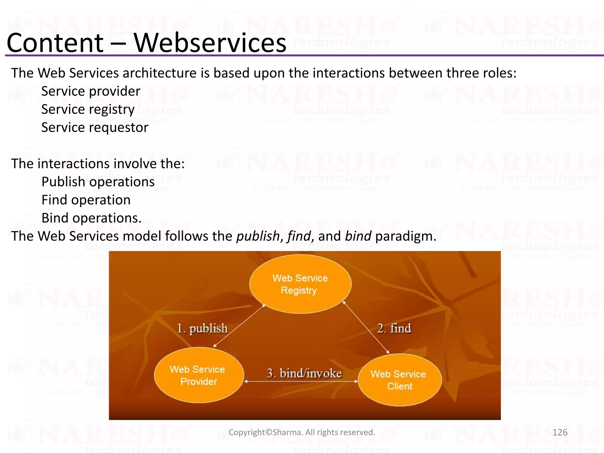Content – Webservices
The Web Services architecture is based upon the interactions between three roles:
Service provider
Service registry
Service requestor
The interactions involve the:
Publish operations
Find operation
Bind operations.
The Web Services model follows the publish, find, and bind paradigm.
126Copyright©Sharma. All rights reserved.
 