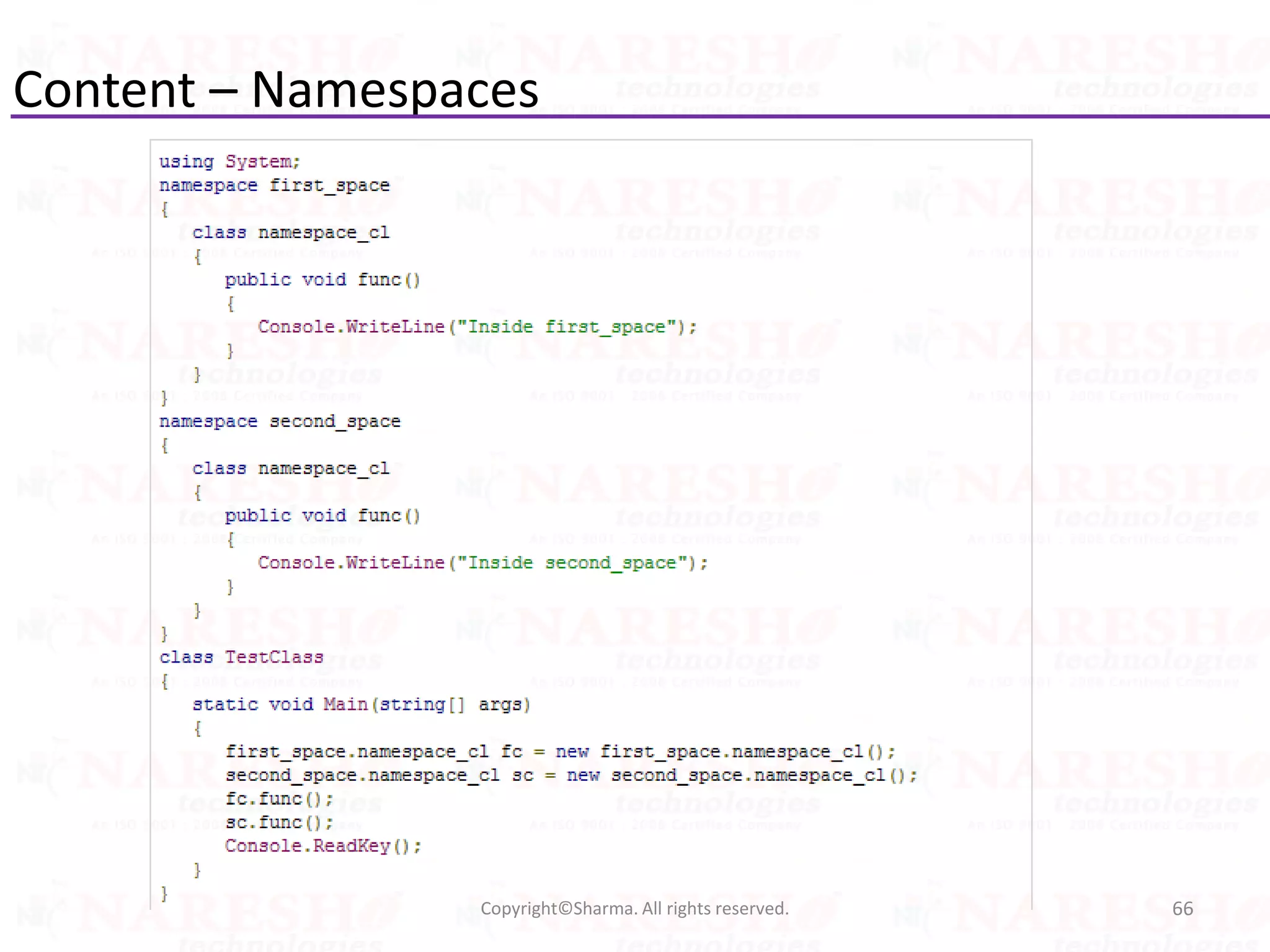 Content – Namespaces
66Copyright©Sharma. All rights reserved.
 