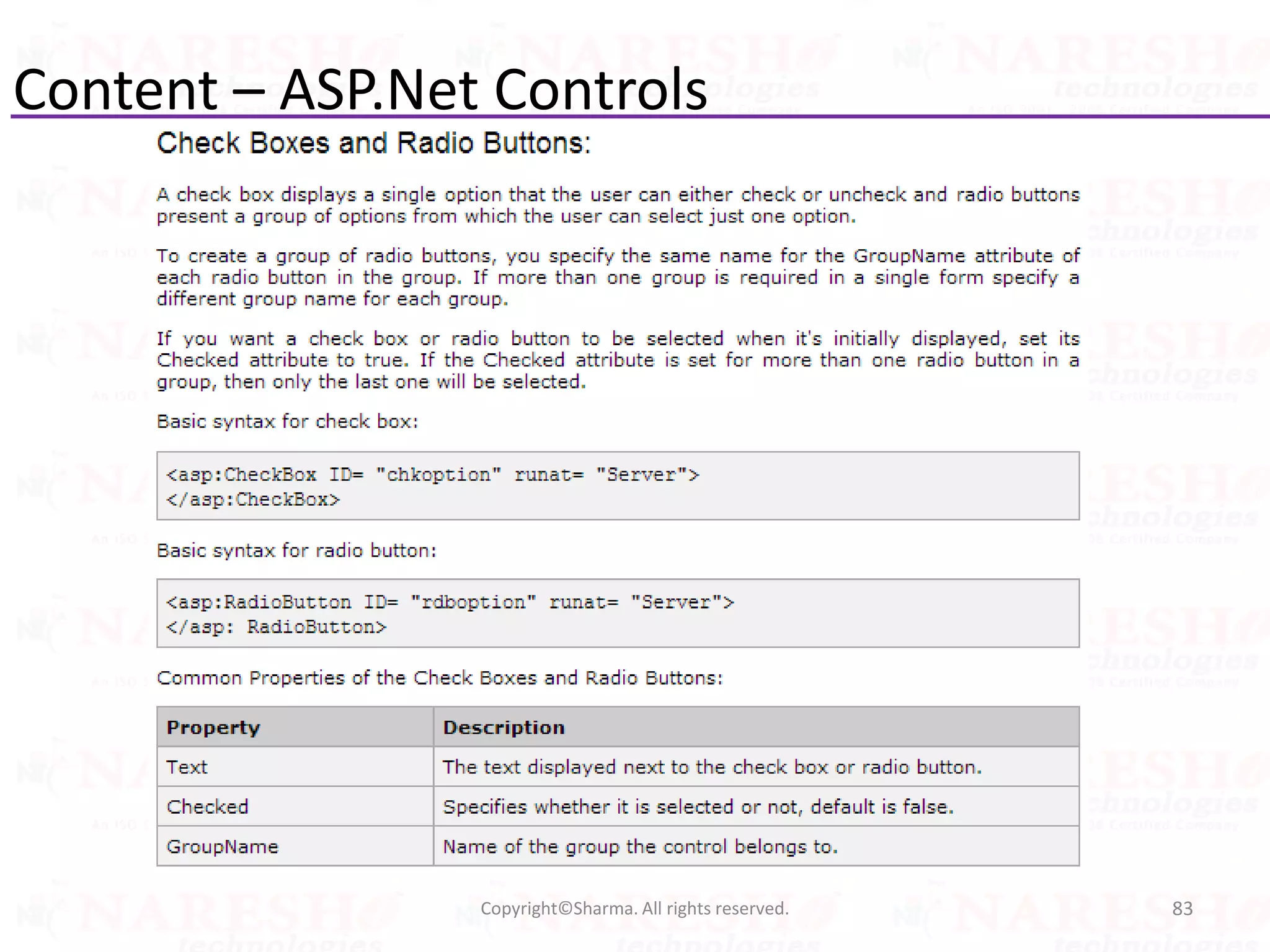 Content – ASP.Net Controls
83Copyright©Sharma. All rights reserved.
 