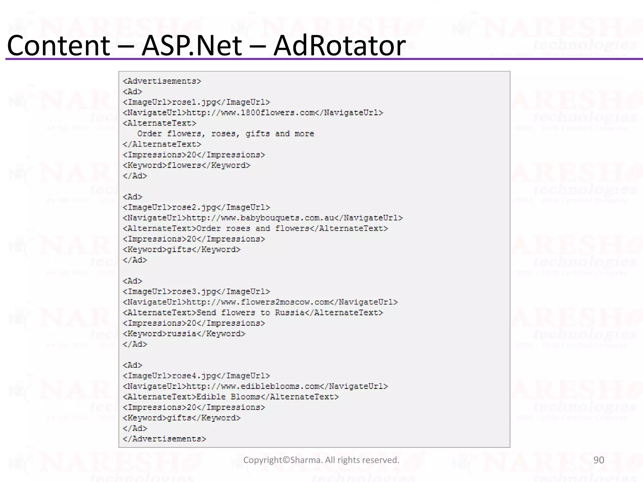 Content – ASP.Net – AdRotator
90Copyright©Sharma. All rights reserved.
 