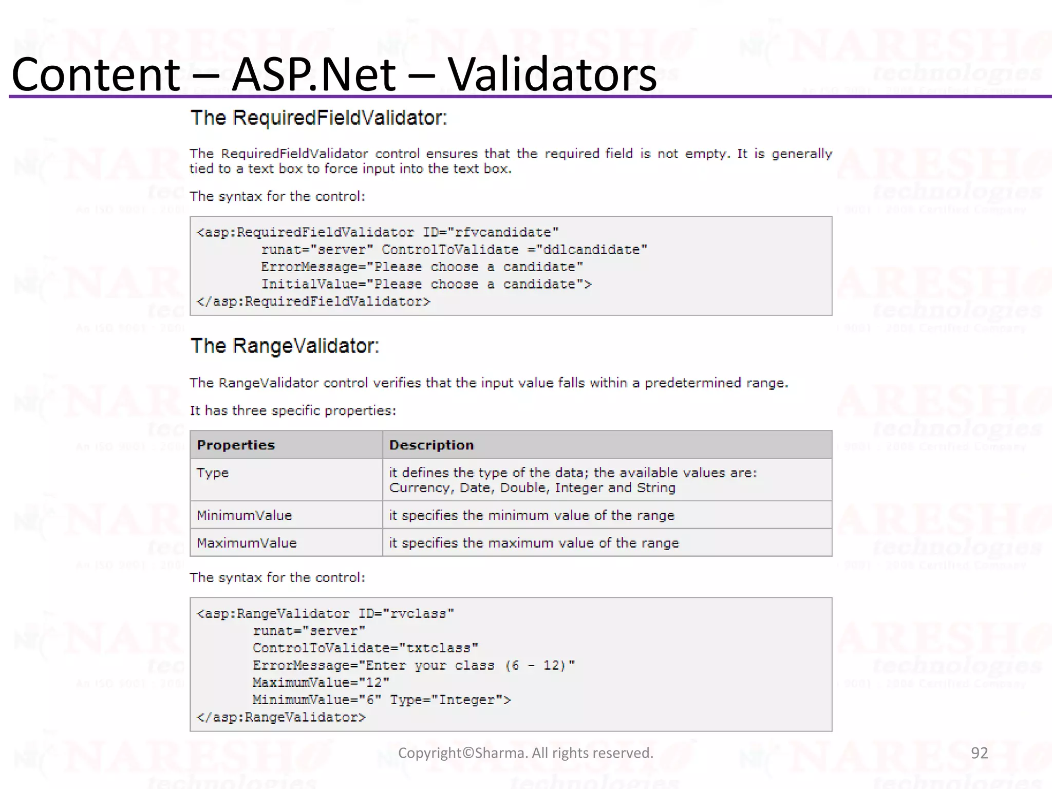 Content – ASP.Net – Validators
92Copyright©Sharma. All rights reserved.
 