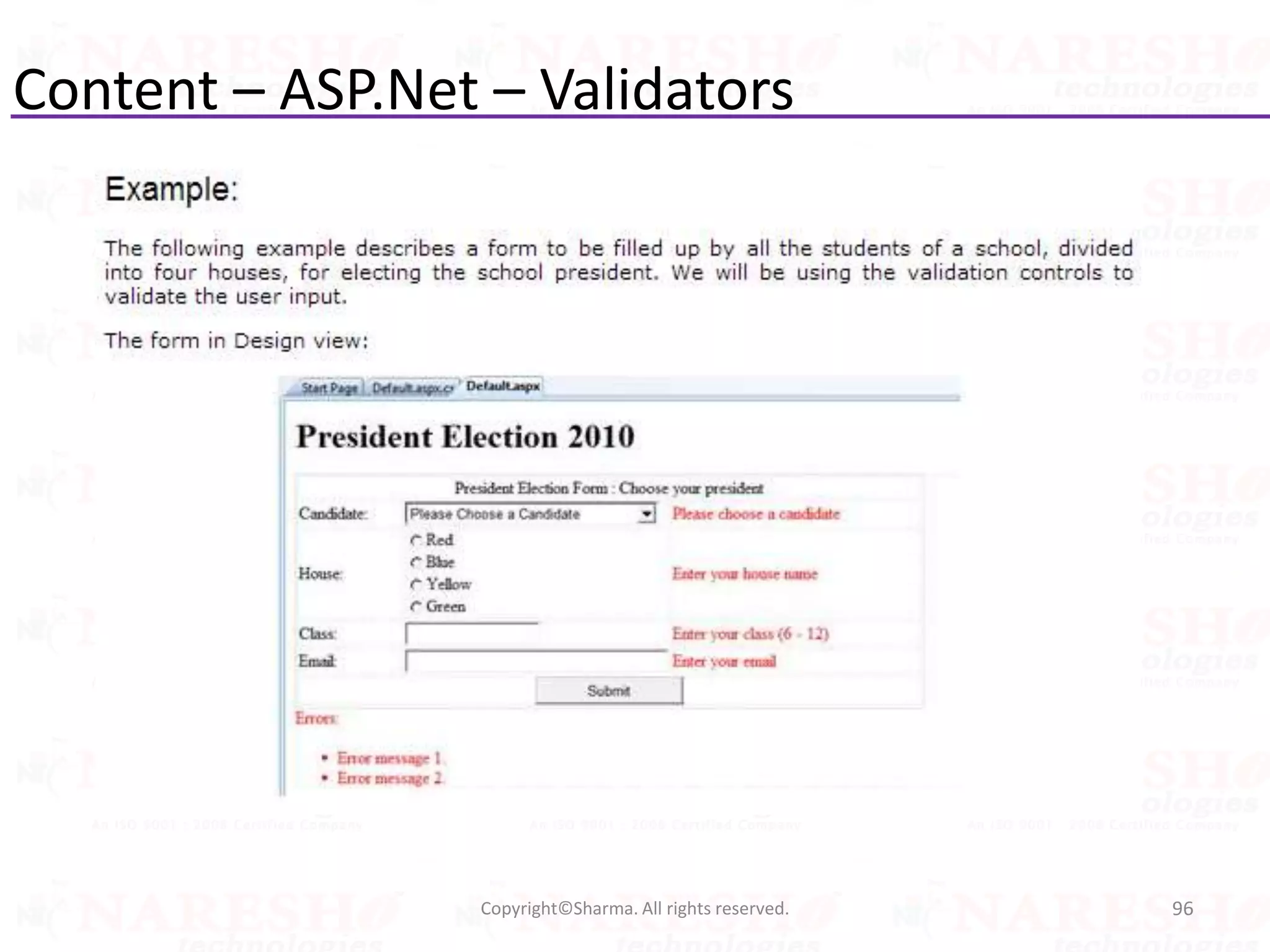 Content – ASP.Net – Validators
96Copyright©Sharma. All rights reserved.
 