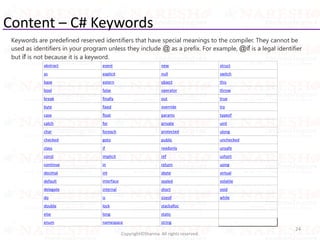 Content – C# Keywords
24
Copyright©Sharma. All rights reserved.
abstract event new struct
as explicit null switch
base extern object this
bool false operator throw
break finally out true
byte fixed override try
case float params typeof
catch for private uint
char foreach protected ulong
checked goto public unchecked
class if readonly unsafe
const implicit ref ushort
continue in return using
decimal int sbyte virtual
default interface sealed volatile
delegate internal short void
do is sizeof while
double lock stackalloc
else long static
enum namespace string
Keywords are predefined reserved identifiers that have special meanings to the compiler. They cannot be
used as identifiers in your program unless they include @ as a prefix. For example, @if is a legal identifier
but if is not because it is a keyword.
 