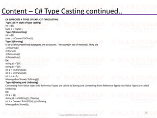 Content – C# Type Casting continued..
26
Copyright©Sharma. All rights reserved.
C# SUPPORTS 4 TYPES OF EXPLICIT TYPECASTING
Type:1 (C++ style of type casting)
int i=10;
byte b = (byte) i;
Type:2 (Converting)
int i=10;
char c = Convert.ToChar(i);
Type:3 (Parsing)
In c# all the predefined datatypes are structures. They contain set of methods. They are
1) ToString()
2) Parse()
3) Minvalue()
4) MaxValue()
Ex:
string s1=”10”;
string s1=”20”;
int a = int.Parse(s1);
int b = int.Parse(s2);
int c = a + b;
MessageBox.Show(c.ToString());
Type:4 (Boxing and UnBoxing)
Converting from Value types into Reference Types are called as Boxing and Converting from Reference Types into Value Types are called
UnBoxing.
Ex:
int a = 10;
string st = a.ToString(); //boxing
int b = Convert.ToInt32(st); //unboxing
MessageBox.Show(b);
 