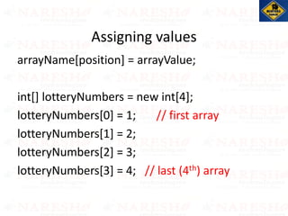 arrayName[position] = arrayValue;
int[] lotteryNumbers = new int[4];
lotteryNumbers[0] = 1; // first array
lotteryNumbers[1] = 2;
lotteryNumbers[2] = 3;
lotteryNumbers[3] = 4; // last (4th) array
Assigning values
 