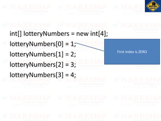 int[] lotteryNumbers = new int[4];
lotteryNumbers[0] = 1;
lotteryNumbers[1] = 2;
lotteryNumbers[2] = 3;
lotteryNumbers[3] = 4;
First index is ZERO
 