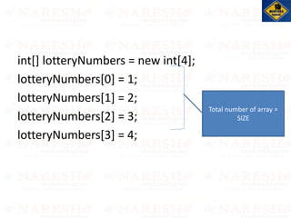 int[] lotteryNumbers = new int[4];
lotteryNumbers[0] = 1;
lotteryNumbers[1] = 2;
lotteryNumbers[2] = 3;
lotteryNumbers[3] = 4;
Total number of array =
SIZE
 