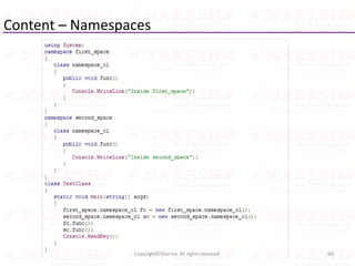 Content – Namespaces
66Copyright©Sharma. All rights reserved.
 