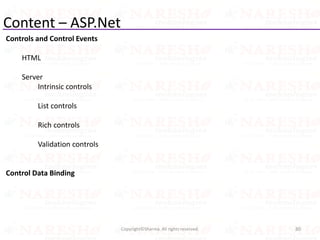 Content – ASP.Net
Controls and Control Events
HTML
Server
Intrinsic controls
List controls
Rich controls
Validation controls
Control Data Binding
80Copyright©Sharma. All rights reserved.
 