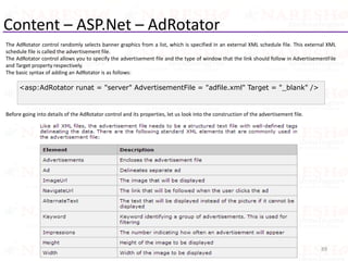 Content – ASP.Net – AdRotator
89Copyright©Sharma. All rights reserved.
<asp:AdRotator runat = "server" AdvertisementFile = "adfile.xml" Target = "_blank" />
The AdRotator control randomly selects banner graphics from a list, which is specified in an external XML schedule file. This external XML
schedule file is called the advertisement file.
The AdRotator control allows you to specify the advertisement file and the type of window that the link should follow in AdvertisementFile
and Target property respectively.
The basic syntax of adding an AdRotator is as follows:
Before going into details of the AdRotator control and its properties, let us look into the construction of the advertisement file.
 