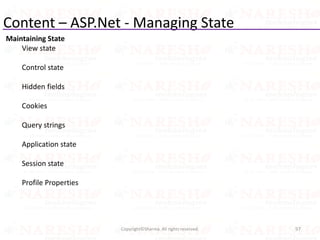 Content – ASP.Net - Managing State
Maintaining State
View state
Control state
Hidden fields
Cookies
Query strings
Application state
Session state
Profile Properties
97Copyright©Sharma. All rights reserved.
 