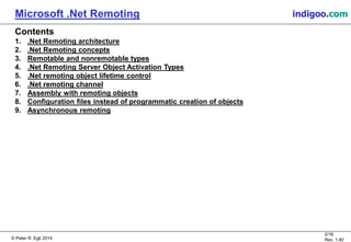 © Peter R. Egli 2015
2/16
Rev. 1.40
Microsoft .Net Remoting indigoo.com
Contents
1. .Net Remoting architecture
2. .Net Remoting concepts
3. Remotable and nonremotable types
4. .Net Remoting Server Object Activation Types
5. .Net remoting object lifetime control
6. .Net remoting channel
7. Assembly with remoting objects
8. Configuration files instead of programmatic creation of objects
9. Asynchronous remoting
 