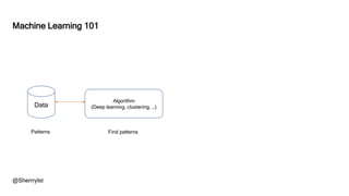 @Sherrrylst
Data
Patterns
Algorithm
(Deep learning, clustering, …)
Find patterns
Machine Learning 101
 