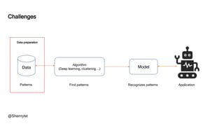 @Sherrrylst
Data
Patterns
Model
Algorithm
(Deep learning, clustering, …)
Find patterns Recognizes patterns Application
Challenges
Data preparation
 