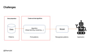 @Sherrrylst
Data
Patterns
Model
Algorithm
(Deep learning, clustering, …)
Find patterns Recognizes patterns Application
Challenges
Data preparation Create and test algorithms
 