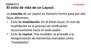 El ciclo de vida de un Layout
La creación de un Layout en Xamarin.Forms pasa por dos
fases diferentes:
• Ciclo de invalidación: En el árbol visual, el ciclo de
invalidación es el proceso de notificación
recursivamente hacia el nodo padre.
• Ciclo de Layout: Tras invalidar, se procede a la
reorganización de elementos marcados como
“invalidados”.
 