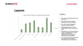Layouts
Detalles:
• No uses un StackLayout para un
único hijo.
• No uses un Grid cuando el
StackLayout hace el trabajo.
• No uses varios StackLayout
cuando un Grid cumple.
• RelativeLayout tiene el peor
rendimiento. Alto consumo de
CPU.
• FlexLayout, no es el vencedor en
cuanto a rendimiento aunque
dada su flexibilidad y
rendimiento es una opción
altamente recomendada.
• En caso de posicionar pudiendo
usar posiciones absolutas,
AbsoluteLayout no tiene rival.
 