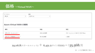 価格 ～Virtual WAN～
6
29,116.8(スケールユニット) ＋ 6,451.2(サイト間接続) ＝ 35,568/月
※一ヶ月を720時間で算出
 