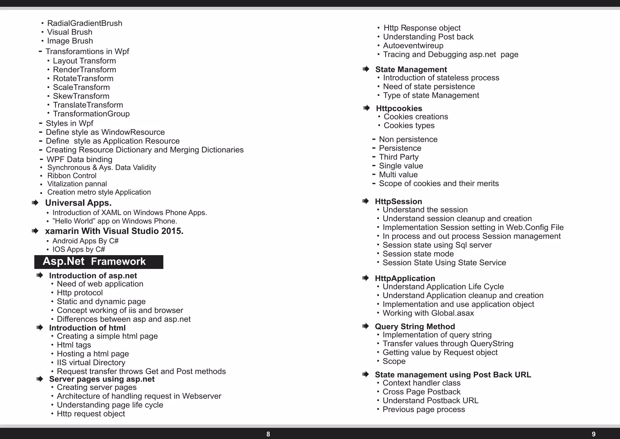 Synchronous & Ays. Data Validity
Ribbon Control
Vitalization pannal
Creation metro style Application
Framework
Http R
R
Universal Apps.
Introduction of XAML on Windows Phone Apps.
”Hello World” app on Windows Phone.
xamarin With Visual Studio 2015.
Android Apps By C#
IOS Apps by C#
 