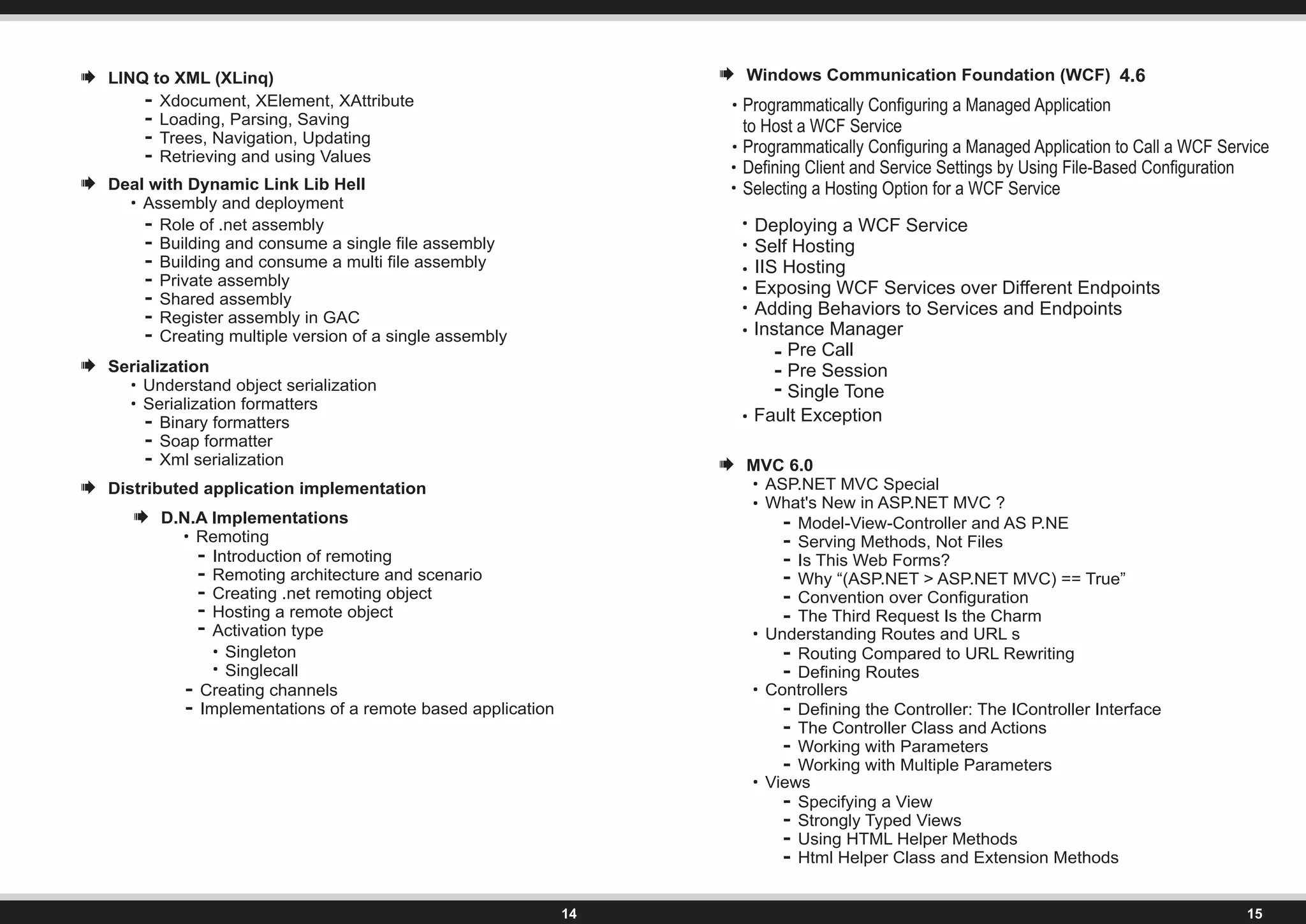 Assembly and deployment
LINQ to XML (XLinq)
Xdocument, XElement, XAttribute
Loading, Parsing, Saving
Trees, Navigation, Updating
Retrieving and using Values
Deal with Dynamic Link Lib Hell
Role of .net assembly
Building and consume a single file assembly
Building and consume a multi file assembly
Private assembly
Shared assembly
Register assembly in GAC
Creating multiple version of a single assembly
Understand object serialization
Serialization formatters
Serialization
Binary formatters
Soap formatter
Xml serialization
Distributed application implementation
Remoting
D.N.A Implementations
Introduction of remoting
Remoting architecture and scenario
Creating .net remoting object
Hosting a remote object
Activation type
Singleton
Singlecall
Creating channels
Implementations of a remote based application
Windows Communication Foundation (WCF)
Deploying a WCF Service
Self Hosting
IIS Hosting
Exposing WCF Services over Different Endpoints
Adding Behaviors to Services and Endpoints
ASP.NET MVC Special
What's New in ASP.NET MVC ?
MVC 6.0
Model-View-Controller and AS P.NE
Serving Methods, Not Files
Is This Web Forms?
Why “(ASP.NET > ASP.NET MVC) == True”
Convention over Configuration
The Third Request Is the Charm
Understanding Routes and URL s
Routing Compared to URL Rewriting
Defining Routes
Controllers
Defining the Controller: The IController Interface
The Controller Class and Actions
Working with Parameters
Working with Multiple Parameters
Views
Specifying a View
Strongly Typed Views
Using HTML Helper Methods
Html Helper Class and Extension Methods
4.6
Programmatically Configuring a Managed Application
to Host a WCF Service
Programmatically Configuring a Managed Application to Call a WCF Service
Defining Client and Service Settings by Using File-Based Configuration
Selecting a Hosting Option for a WCF Service
Instance Manager
Pre Call
Pre Session
Single Tone
Fault Exception
 