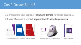Cos’è DreamSpark?
Visual Studio 2015 e molto altro software… Risorse per l’apprendimento Windows 10
Un programma che sosti...
