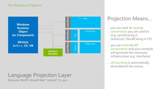 The Windows 8 Platform



                                              Projection Means…
                                              … you can stick to naming
                                                conventions you are used to
                                                (e.g. camelCasing in
                                                JavaScript, PascalCasing in C#).

                                              … you can write WinRT
                                                components and your compiler
                                                will generate the necessary
                                                infrastructure (e.g. interfaces)

                                              … ref counting is automatically
                                                done behind the scenes.


Language Projection Layer
Because WinRT should feel "natural" to you.
 
