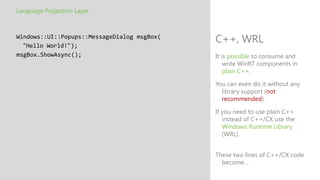 Language Projection Layer



Windows::UI::Popups::MessageDialog msgBox(
  "Hello World!");
                                             C++, WRL
msgBox.ShowAsync();                          It is possible to consume and
                                                 write WinRT components in
                                                 plain C++.

                                             You can even do it without any
                                               library support (not
                                               recommended).

                                             If you need to use plain C++
                                                instead of C++/CX use the
                                                Windows Runtime Library
                                                (WRL).


                                             These two lines of C++/CX code
                                               become…
 