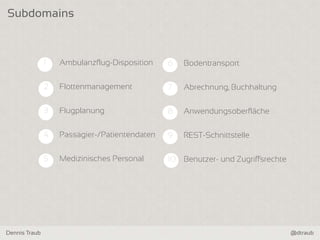 Dennis Traub @dtraub
Subdomains
6 Bodentransport
7 Abrechnung, Buchhaltung
8 Anwendungsoberfläche
9 REST-Schnittstelle
10 Benutzer- und Zugriffsrechte
1 Ambulanzflug-Disposition
2 Flottenmanagement
3 Flugplanung
4 Passagier-/Patientendaten
5 Medizinisches Personal
 