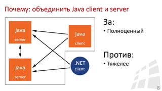 Почему: объединить Java client и server
8
За:
• Полноценный
Против:
• Тяжелее
 