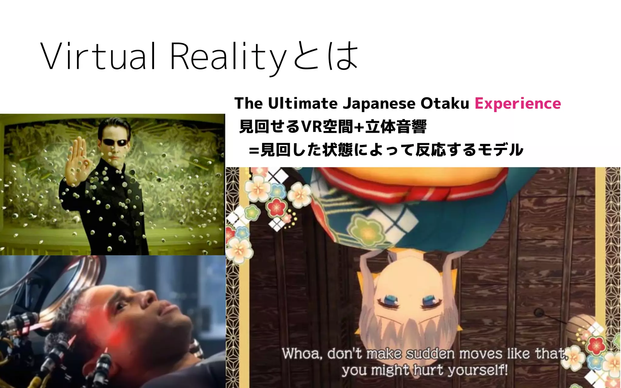 Virtual Realityとは
The Ultimate Japanese Otaku Experience
見回せるVR空間+立体音響 
=見回した状態によって反応するモデル
 