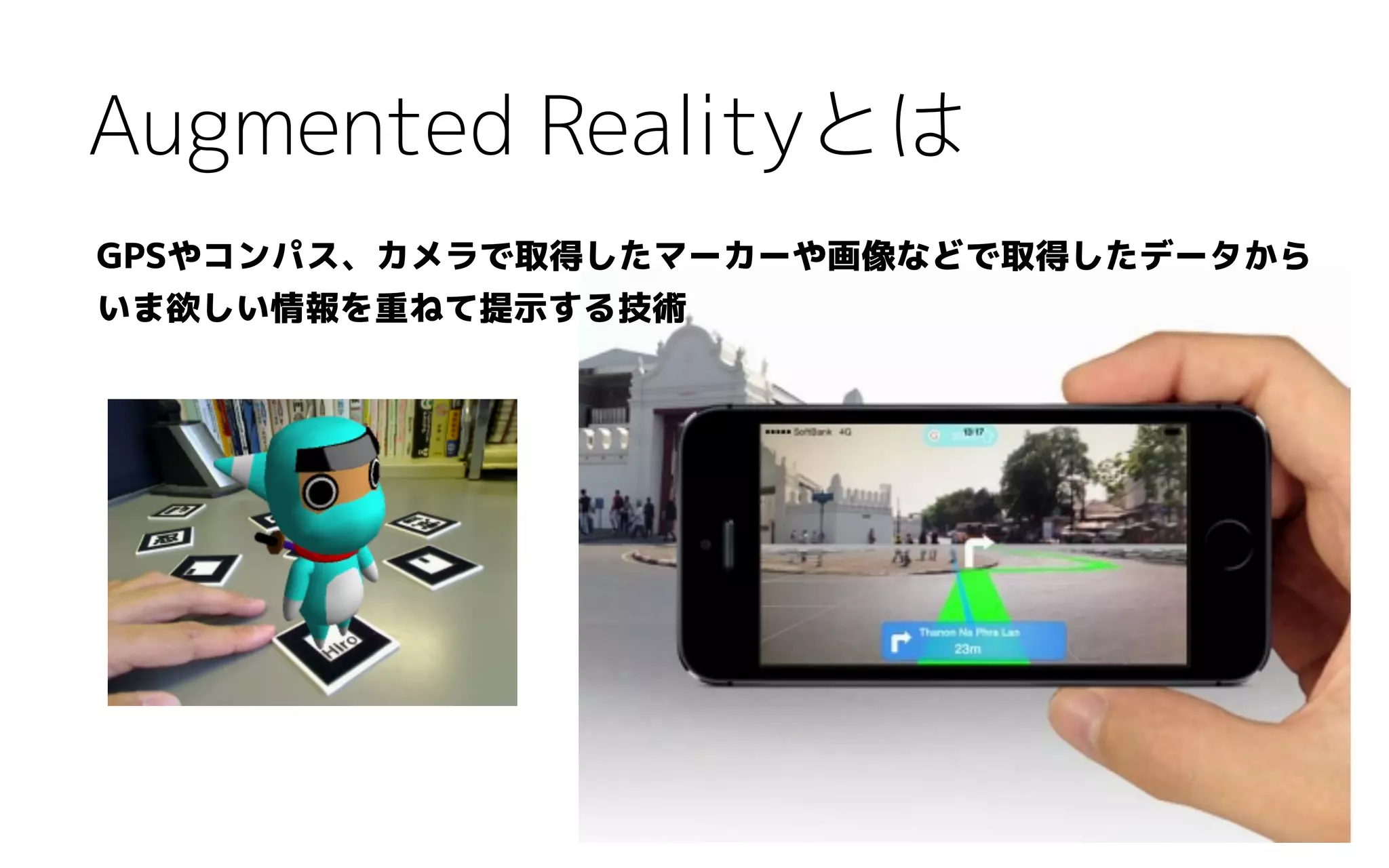 Augmented Realityとは
GPSやコンパス、カメラで取得したマーカーや画像などで取得したデータから
いま欲しい情報を重ねて提示する技術
 