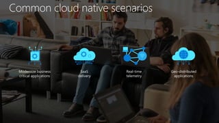 Real-time
telemetry
SaaS
delivery
Modernize business
critical applications
Geo-distributed
applications
Common cloud native scenarios
 