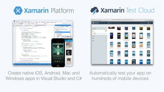 Automatically test your app on!
hundreds of mobile devices !
Create native iOS, Android, Mac and
Windows apps in Visual Studio and C#
 