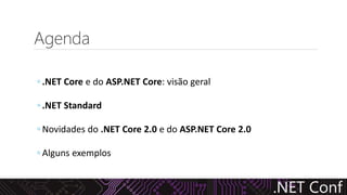 Agenda
◦ .NET Core e do ASP.NET Core: visão geral
◦ .NET Standard
◦ Novidades do .NET Core 2.0 e do ASP.NET Core 2.0
◦ Alguns exemplos
 
