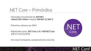 .NET Core – Primórdios
◦ Chamados inicialmente de ASP.NET
vNext/.NET vNext e depois ASP.NET 5/.NET 5
◦ Primeiros releases em 2014
◦ Rebatizado como .NET Core 1.0 e ASP.NET Core
1.0 em Janeiro/2016
◦ Um novo framework, completamente reescrito
 