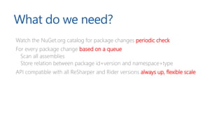 What do we need?
Watch the NuGet.org catalog for package changes periodic check
For every package change based on a queue
Scan all assemblies
Store relation between package id+version and namespace+type
API compatible with all ReSharper and Rider versions always up, flexible scale
 