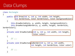 class Rectangle
{
public void Draw(int x, int y, int width, int height,
int borderSize, Color borderColor, Color backgroundColor)
{
this.DrawRectable(x, y, width, height, backgroundColor);
this.DrawRectangleBorder(x, y, width, height, borderSize,
borderColor);
}
private void DrawRectable(int x, int y, int width, int height,
Color color)
{
// ...
}
private void DrawRectangleBorder(int x, int y, int width,
int height, int borderSize, Color color)
{
// ...
}
 