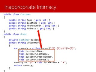 public class Customer
{
public string Name { get; set; }
public string LastName { get; set; }
public string PhoneNumber { get; set; }
public string Address { get; set; }
}
public class Order
{
private Customer customer;
public string GetSummary()
{
var summary = string.Format("{0} {1}n{2}n{3}",
this.customer.Name,
this.customer.LastName,
this.customer.PhoneNumber,
this.customer.Address);
summary += "n" + this.TotalPrice + " €";
return summary;
}
}
 