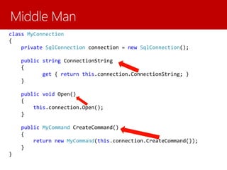 class MyConnection
{
private SqlConnection connection = new SqlConnection();
public string ConnectionString
{
get { return this.connection.ConnectionString; }
}
public void Open()
{
this.connection.Open();
}
public MyCommand CreateCommand()
{
return new MyCommand(this.connection.CreateCommand());
}
}
 