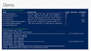 PS docker search microsoft
NAME DESCRIPTION STARS OFFICIAL AUTOMATED
microsoft/dotnet Preview images for the .NET Core command l... 107 [OK]
microsoft/azure-cli Docker image for Microsoft Azure Command L... 52 [OK]
microsoft/iis Internet Information Services (IIS) instal... 11
microsoft/oms Monitor your containers using the Operatio... 3 [OK]
microsoft/applicationinsights Application Insights for Docker helps you ... 3 [OK]
microsoft/sample-dotnet .NET Core running in a Nano Server container 1
microsoft/dotnet35 1
PS docker pull microsoft/dotnet
Using default tag: latest
latest: Pulling from microsoft/aspnet
604d05dfd165: Extracting [====================================================> ] 34.78 MB/37.19 MB
a3ed95caeb02: Download complete
af271166b5e5: Download complete
ffff72610562: Pull complete
82633c2ea8fc: Pull complete
1ec63dc1715b: Downloading [=========================> ] 29.72 MB/64.67 MB
9be54d5ae146: Pull complete
c3abf6246d6a: Pull complete
Digest: sha256:cbbc0a7be0926d017ffd952799c4864c2c6cf812cbb70862bf2c8539401aa1e3
Status: Downloaded newer image for microsoft/dotnet:latest
 