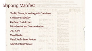 Shipping Manifest
The Big Picture for working with Containers
Container Vocabulary
Container Architecture
Micro Services and Containerization
.NET Core
Visual Studio
Visual Studio TeamServices
Azure Container Service
 