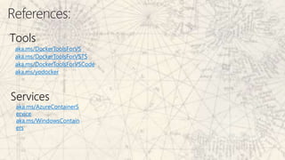 aka.ms/DockerToolsForVS
aka.ms/DockerToolsForVSTS
aka.ms/DockerToolsForVSCode
aka.ms/yodocker
aka.ms/AzureContainerS
ervice
aka.ms/WindowsContain
ers
 