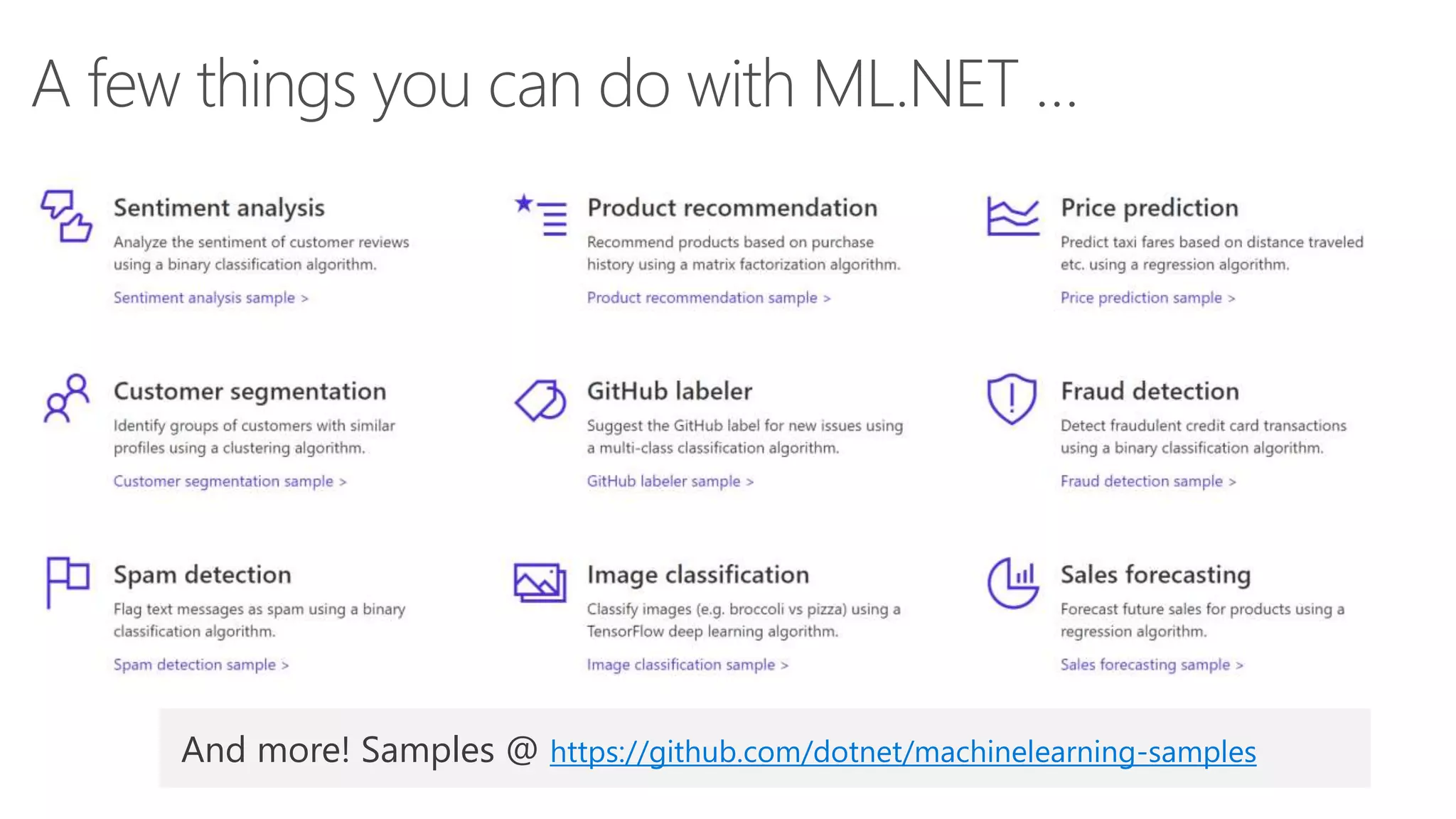 A few things you can do with ML.NET …
And more! Samples @ https://github.com/dotnet/machinelearning-samples
 